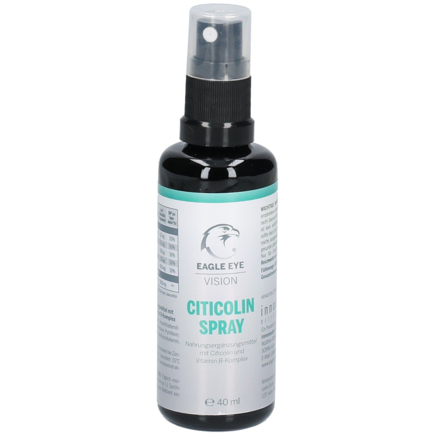 Schwarze Sprühflasche mit weißem Etikett. Aufschrift: EAGLE EYE VISION CITICOLIN SPRAY. Enthält Citicolin und Vitamin B-Komplex. 40 ml.