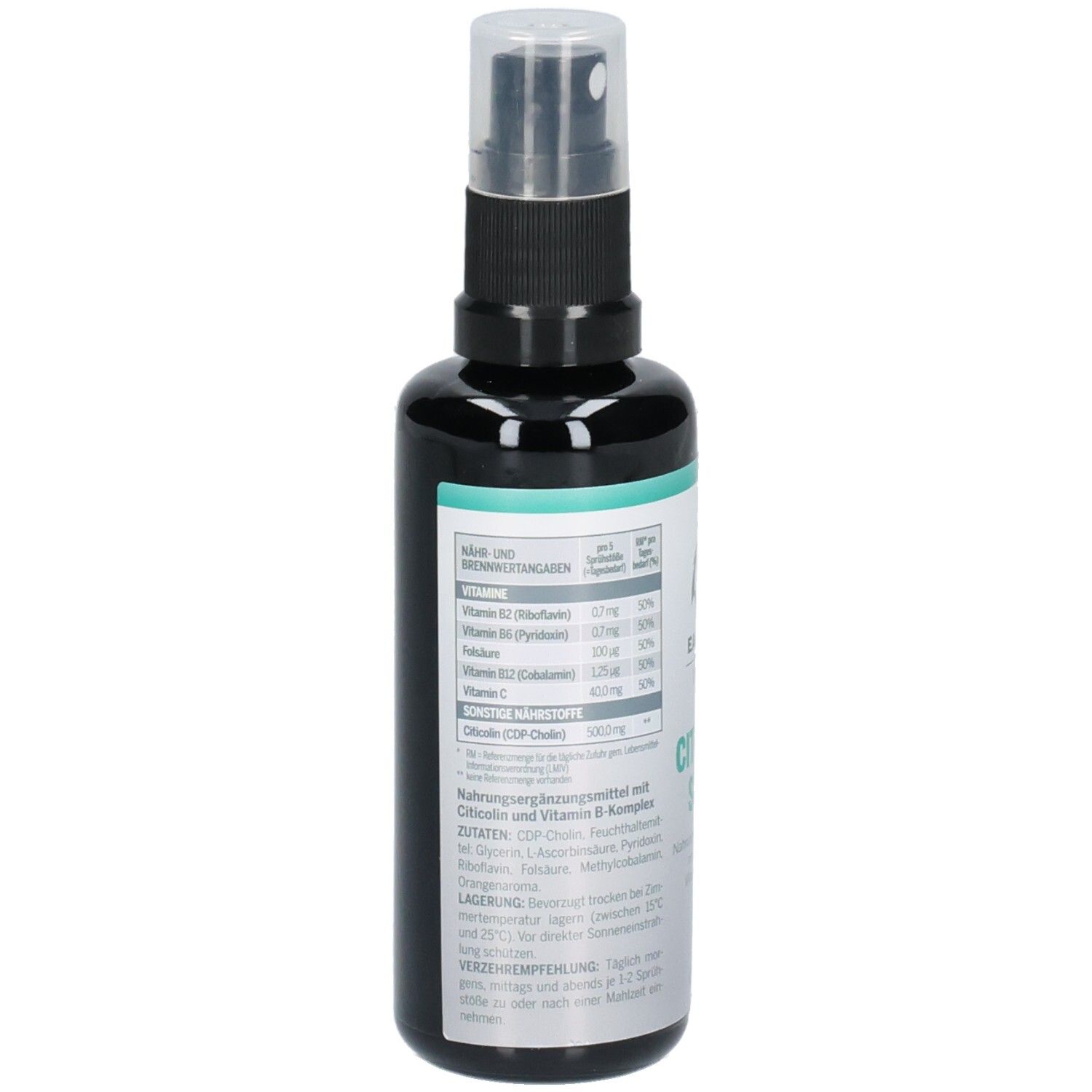 Rückseite der schwarzen Sprühflasche. Enthält Informationen zu Inhaltsstoffen und Nährwerten. Text in deutscher Sprache. Mit Citicolin und Vitaminen.