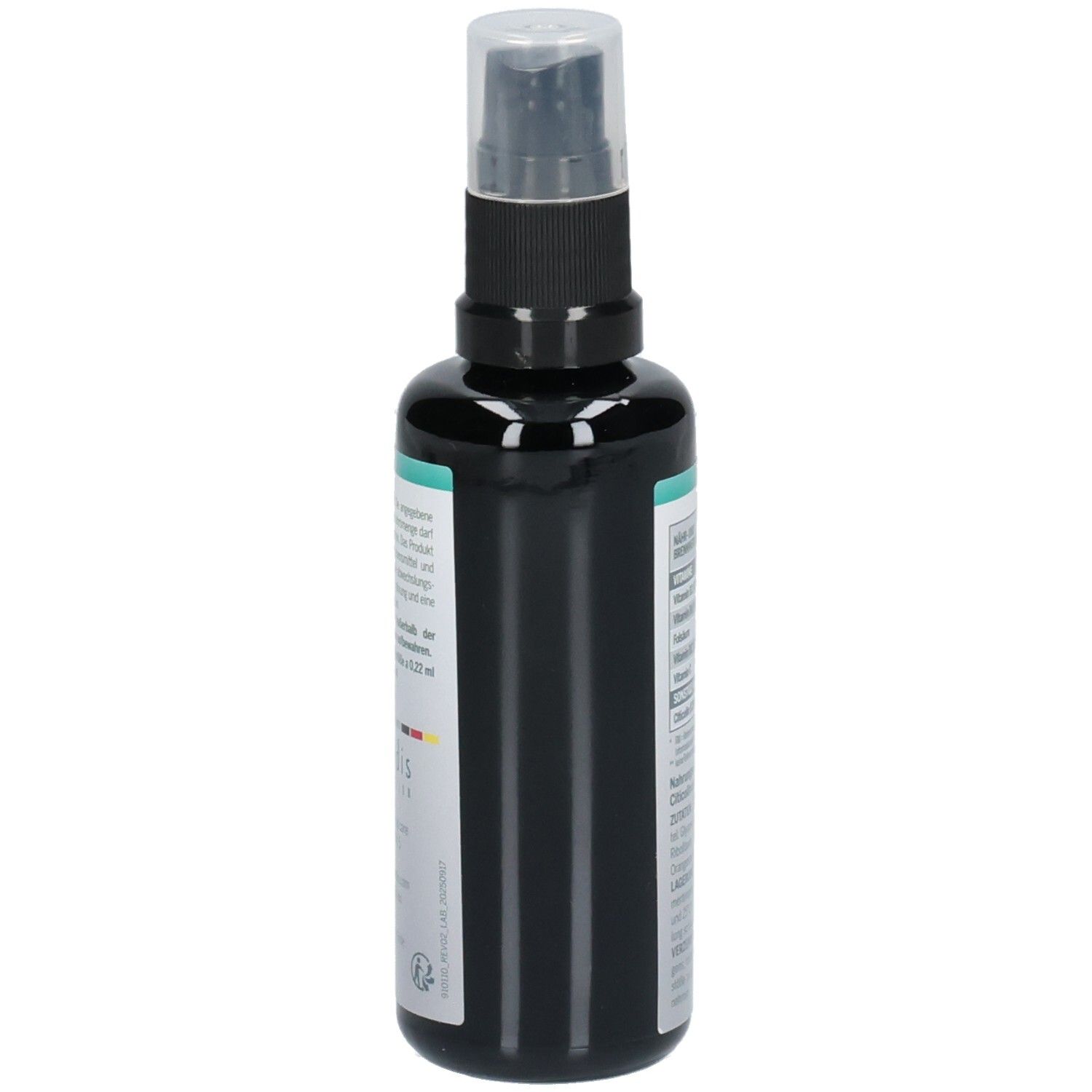 Schwarze Sprühflasche mit weißem Etikett. Seitenansicht. Enthält Informationen zu Inhaltsstoffen und Nährwerten. Mit Citicolin und Vitaminen.
