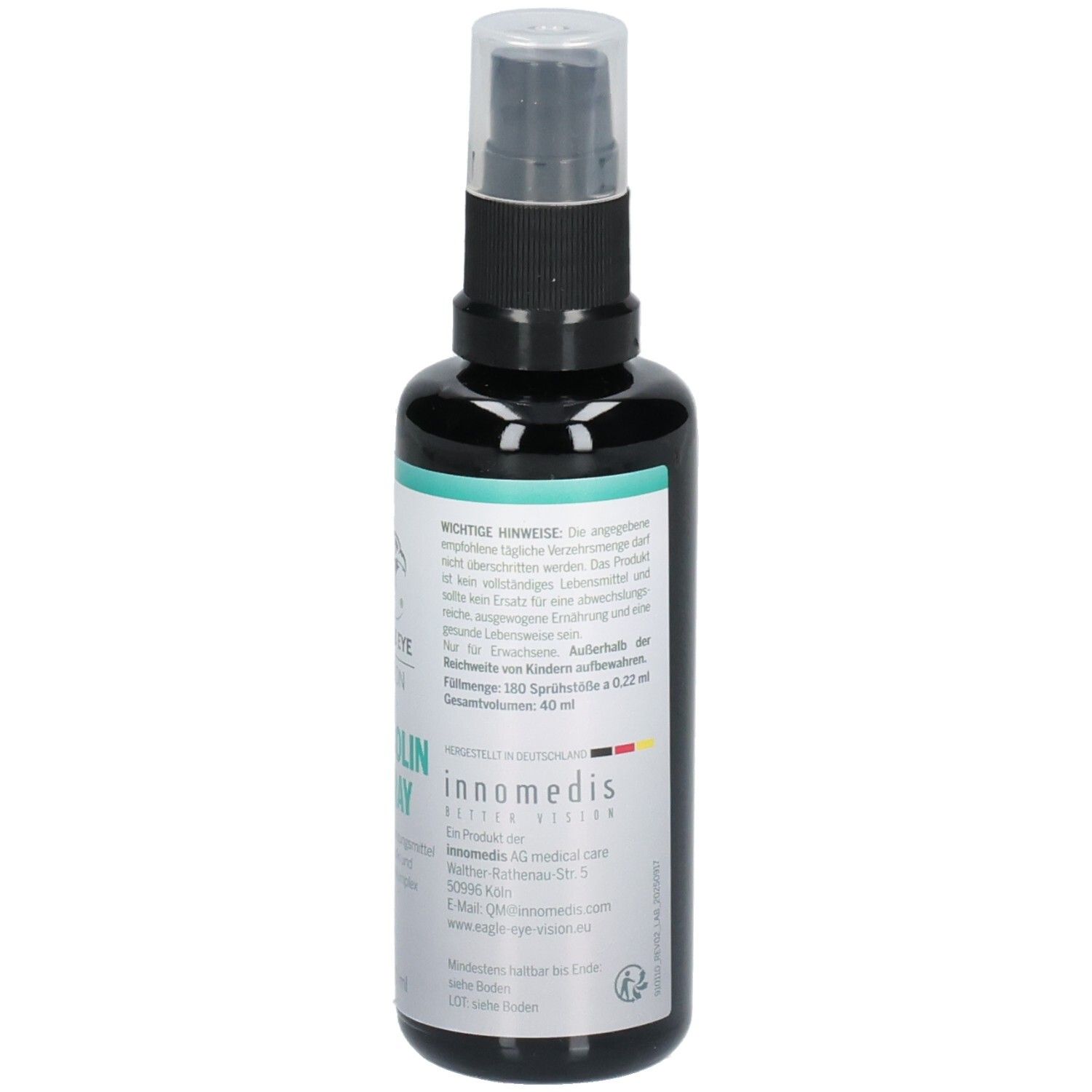 Rückseite der schwarzen Sprühflasche. Enthält Informationen zu Inhaltsstoffen und Nährwerten. Text in deutscher Sprache. Mit Citicolin und Vitaminen.