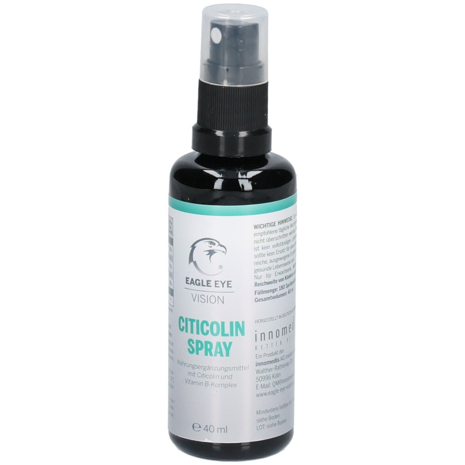 Schwarze Sprühflasche mit weißem Etikett. Aufschrift: EAGLE EYE VISION CITICOLIN SPRAY. Enthält Citicolin und Vitamin B-Komplex. 40 ml.