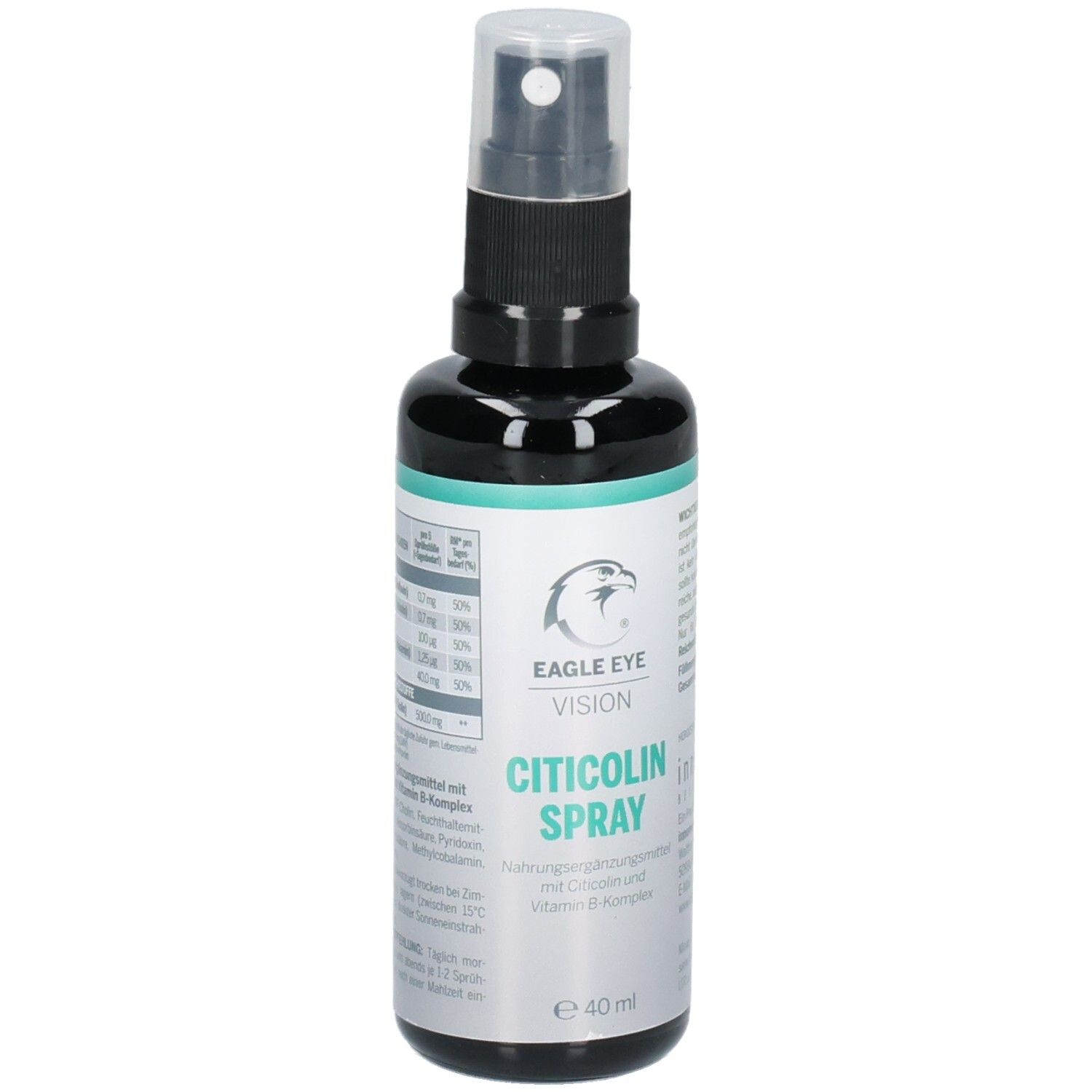 Schwarze Sprühflasche mit weißem Etikett. Aufschrift: EAGLE EYE VISION CITICOLIN SPRAY. Enthält Citicolin und Vitamin B-Komplex. 40 ml.