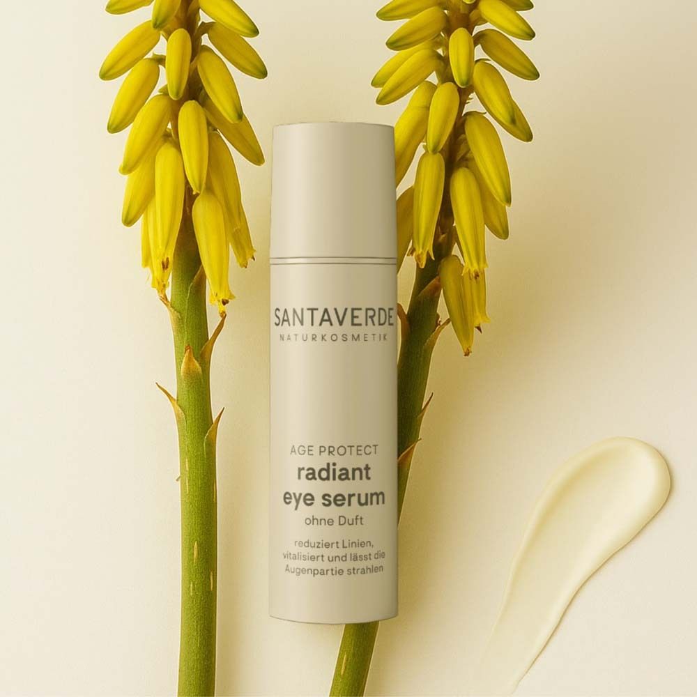 Serumflasche mit gelben Blüten. Text: SANTAVERDE, radiant eye serum, ohne Duft.