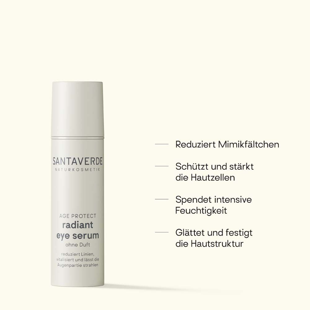 Serumflasche. Text: SANTAVERDE, radiant eye serum, ohne Duft. Eigenschaften: reduziert Linien, etc.
