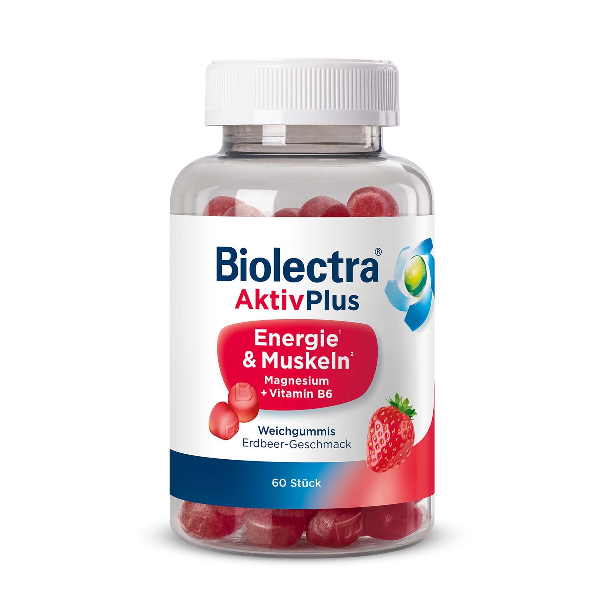 Biolectra AktivPlus Energie & Muskeln Weichgummis in Erdbeergeschmack, 60 Stück.