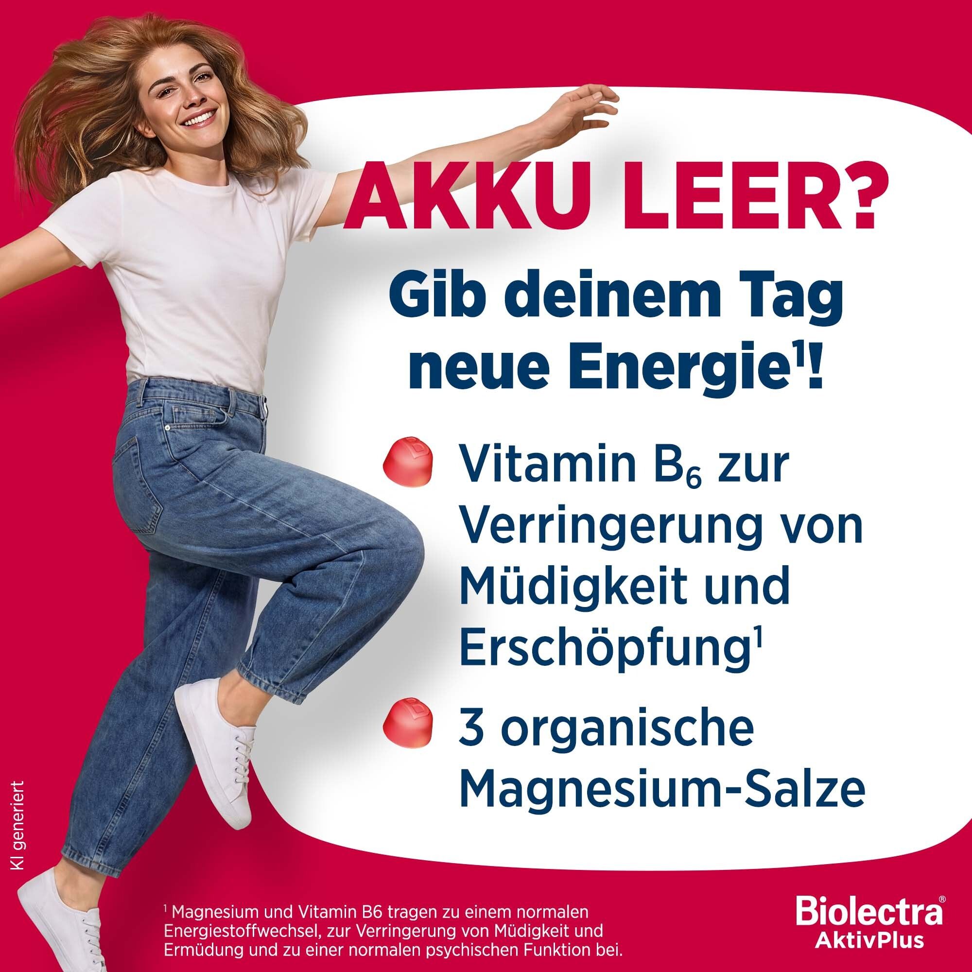 Frau mit Energie, Vitamin B6 zur Verringerung von Müdigkeit und Erschöpfung, 3 organische Magnesium-Salze.