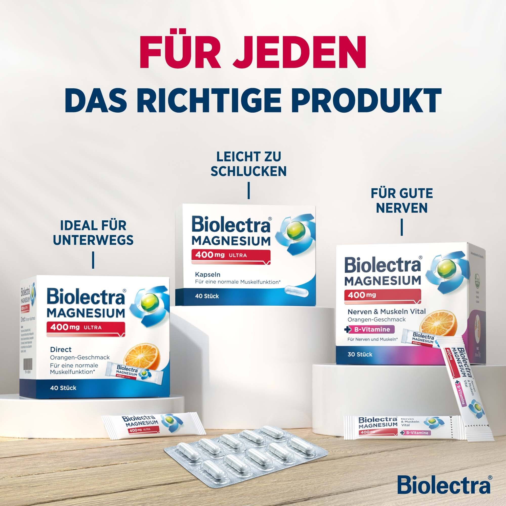 Biolectra Magnesium Produkte: Direkt, Kapseln, Nerven & Muskeln Vital mit B-Vitaminen.
