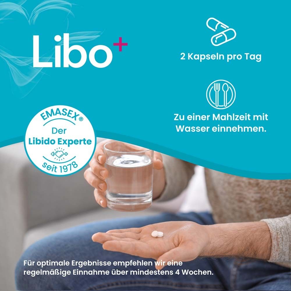 Mann hält Kapseln und Wasserglas. Text: 2 Kapseln pro Tag. Einnahme zu einer Mahlzeit mit Wasser.