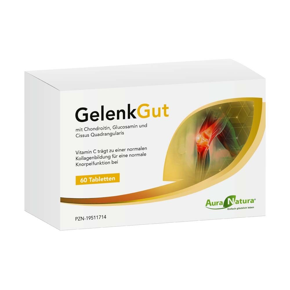 GelenkGut Tabletten-Packung. Enthält Chondroitin, Glucosamin und Cissus Quadrangularis. 60 Tabletten. Aura Natura Logo.