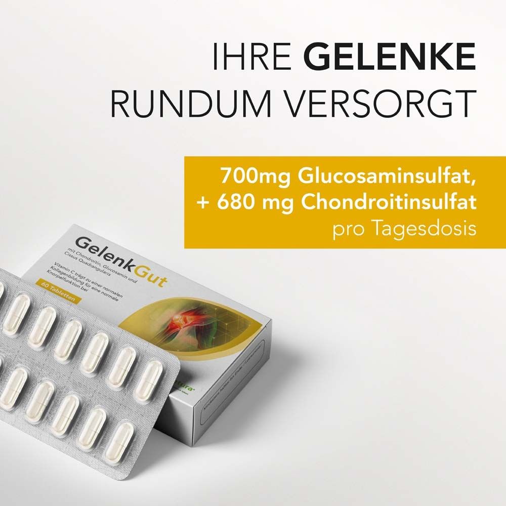 Text: Ihre Gelenke rundum versorgt. 700mg Glucosaminsulfat, + 680 mg Chondroitinsulfat pro Tagesdosis. Tablettenblister.