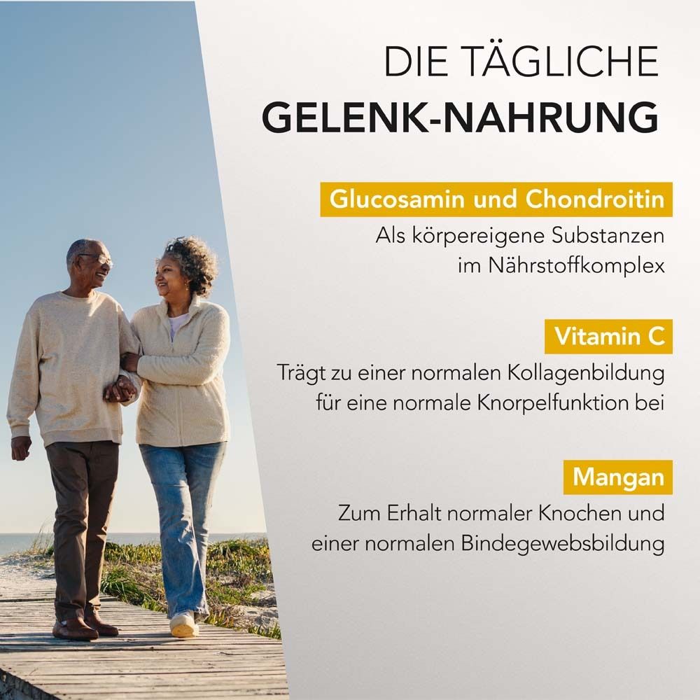 Älteres Paar geht spazieren. Text: Die tägliche Gelenk-Nahrung. Glucosamin und Chondroitin. Vitamin C. Mangan.