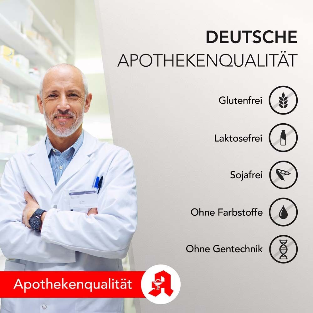 Arzt mit Apothekenqualität-Logo. Text: Deutsche Apothekenqualität. Glutenfrei, Laktosefrei, Sojafrei, Ohne Farbstoffe, Ohne Gentechnik.
