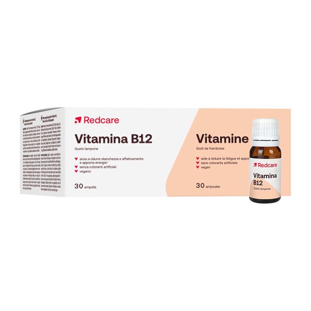 Scatola di Redcare Vitamina B12 e un'ampolla. Contiene 30 ampolle. Scritto: 'Vitamina B12'. Gusto lampone.