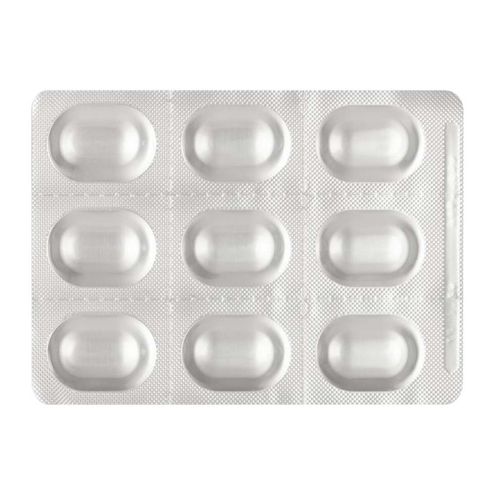 Blisterpackung mit 9 Tabletten. Tabletten sind oval und silberfarben.
