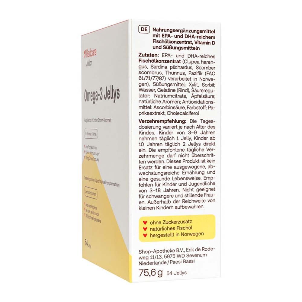 Verpackung von Redcare Junior Omega-3 Jellys. Enthält 54 Jellys. Text: Omega-3 Jellys, für Kinder ab 3 Jahren.