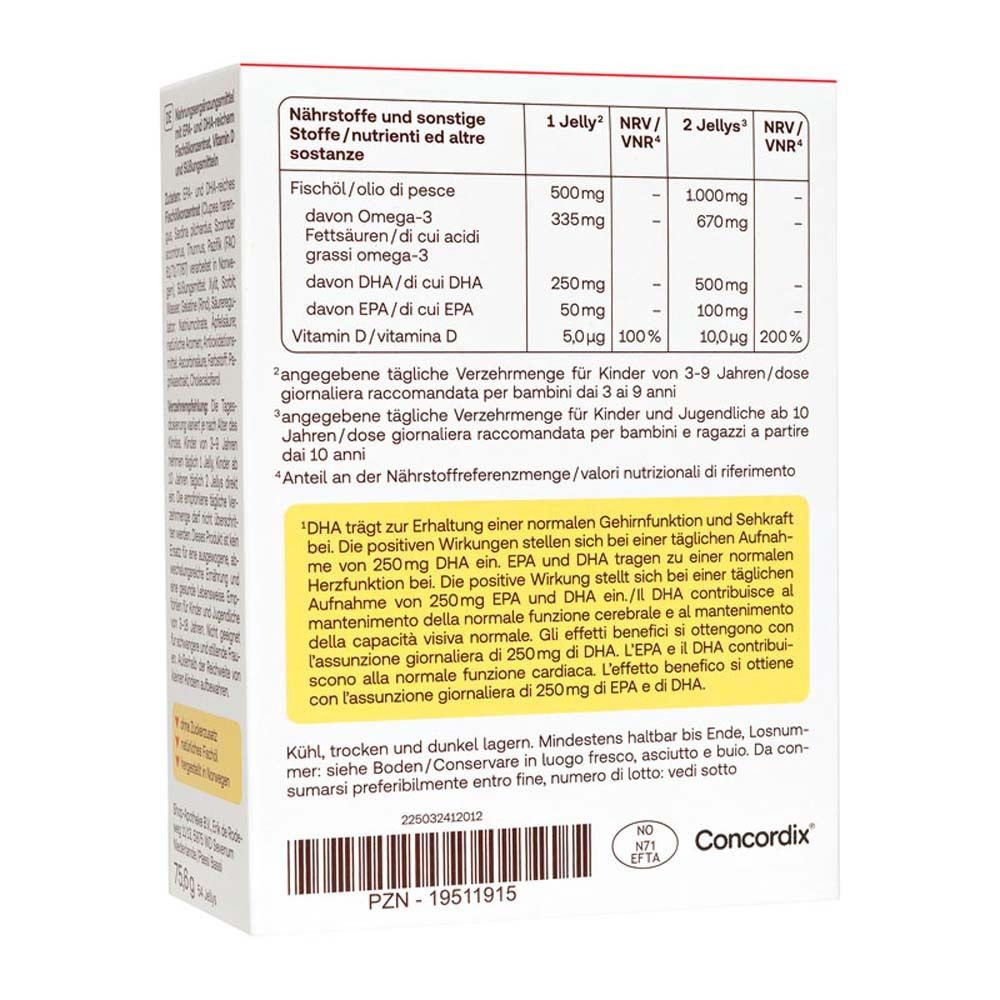 Rückseite der Verpackung von Redcare Junior Omega-3 Jellys. Enthält Nährwertangaben.