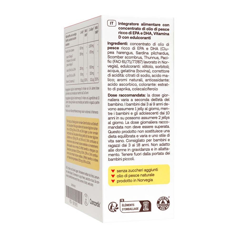 Seitenansicht der Verpackung von Redcare Junior Omega-3 Jellys. Enthält Text und Logos.