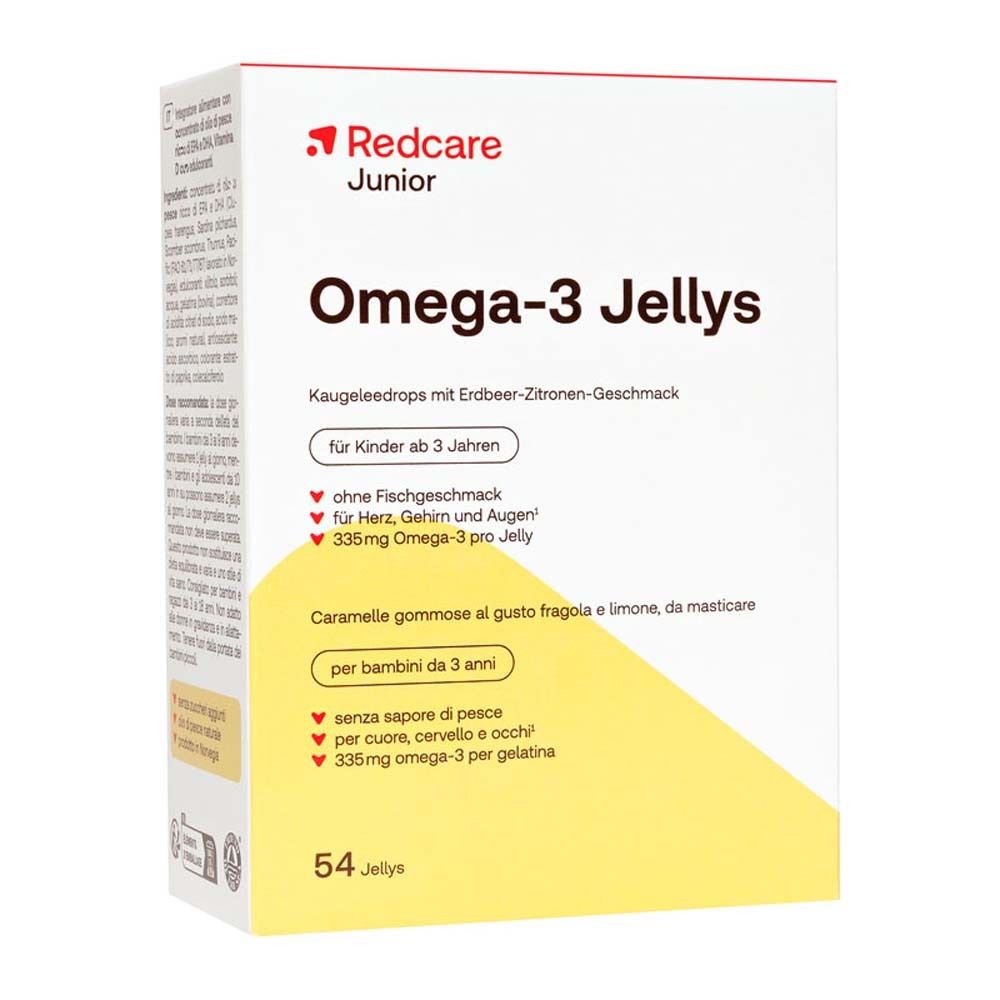 Verpackung von Redcare Junior Omega-3 Jellys. Enthält 54 Jellys. Text: Omega-3 Jellys, für Kinder ab 3 Jahren.