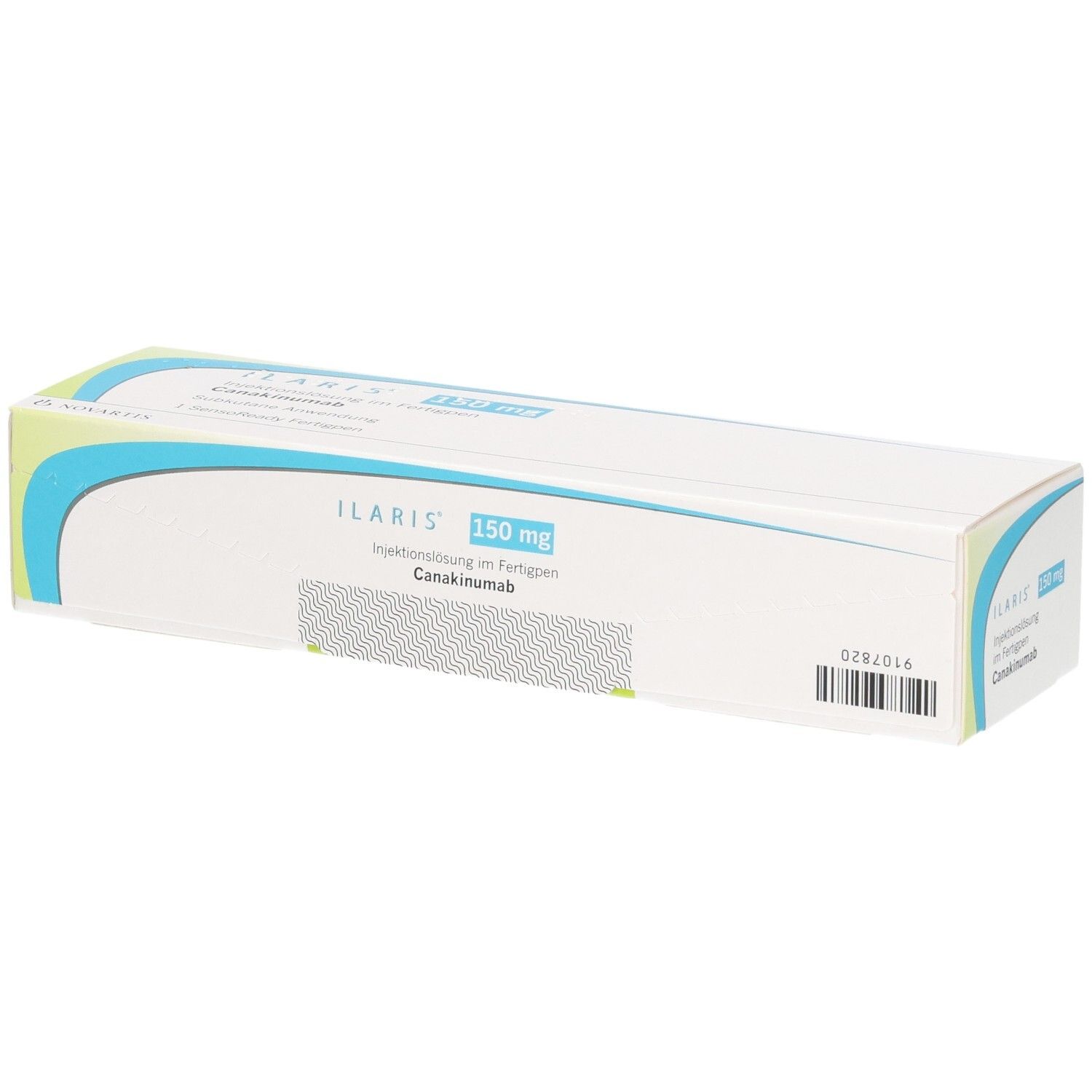 Schachtel mit Produktinformationen. Aufschrift: ILARIS 150 mg Injektionslösung im Fertigpen. Canakinumab.