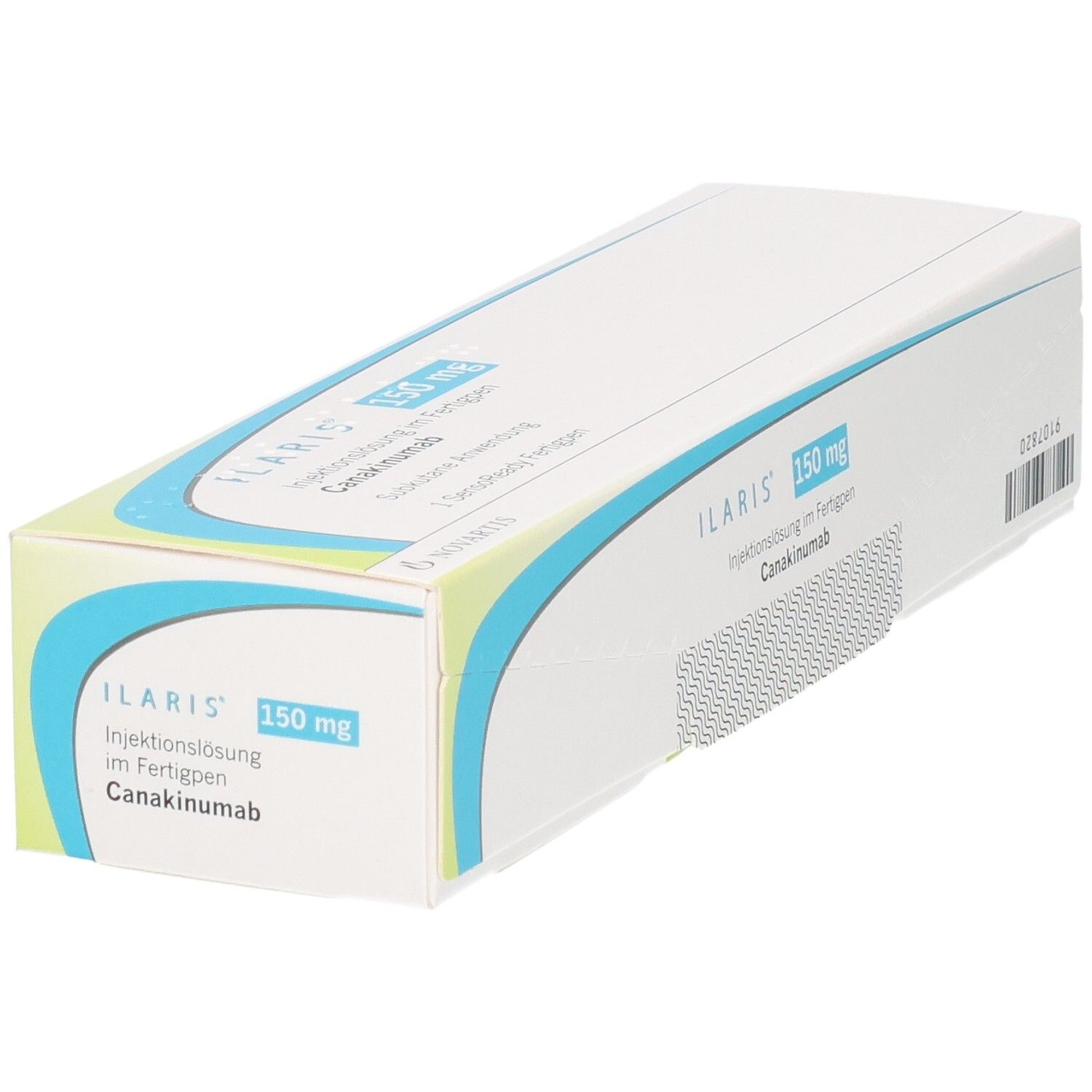 Schachtel, schräg von oben. Aufschrift: ILARIS 150 mg Injektionslösung im Fertigpen. Canakinumab.
