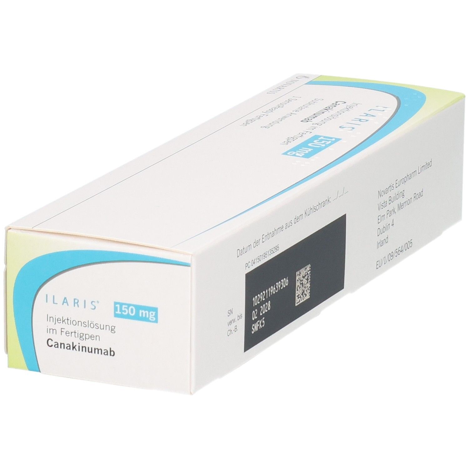 Schachtel, schräg von oben. Aufschrift: ILARIS 150 mg Injektionslösung im Fertigpen. Canakinumab.