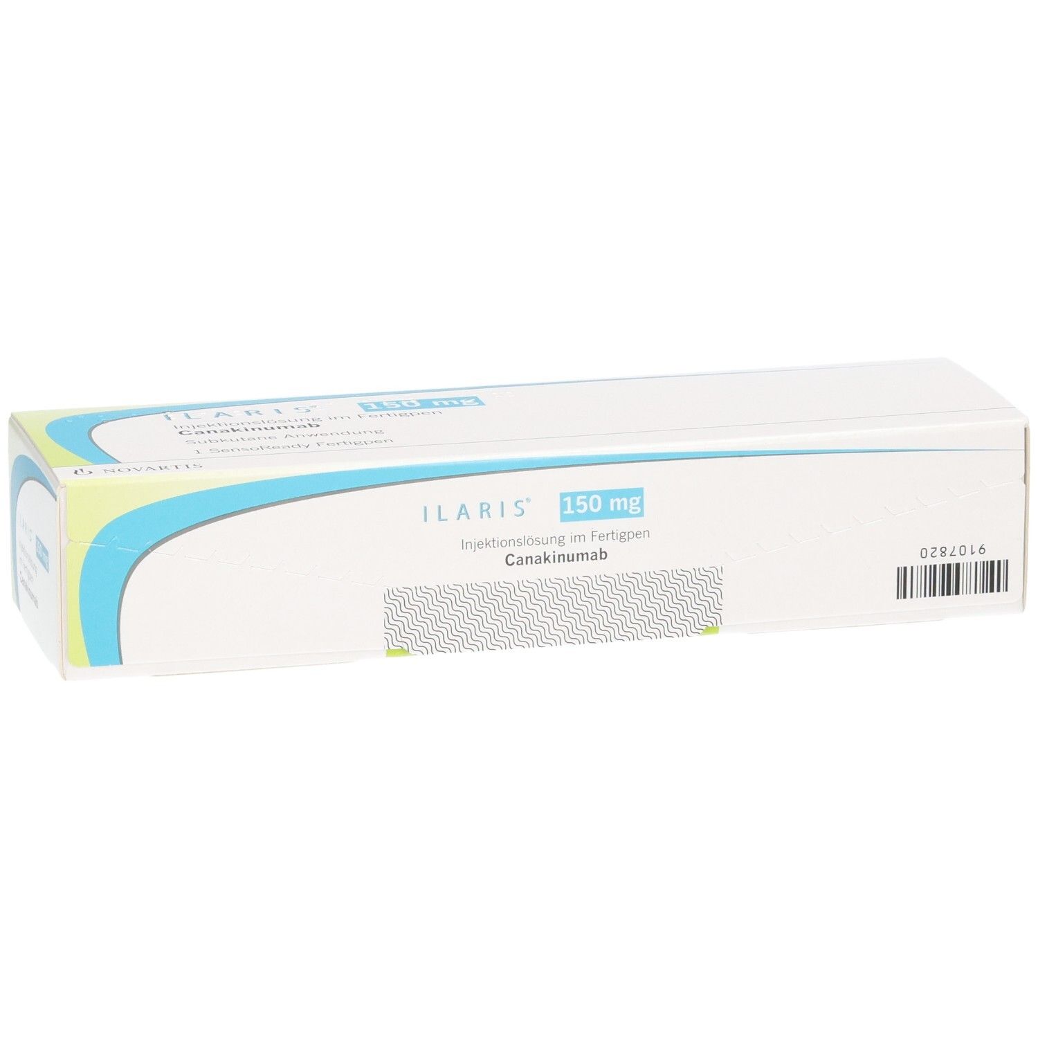 Schachtel mit Produktinformationen. Aufschrift: ILARIS 150 mg Injektionslösung im Fertigpen. Canakinumab.