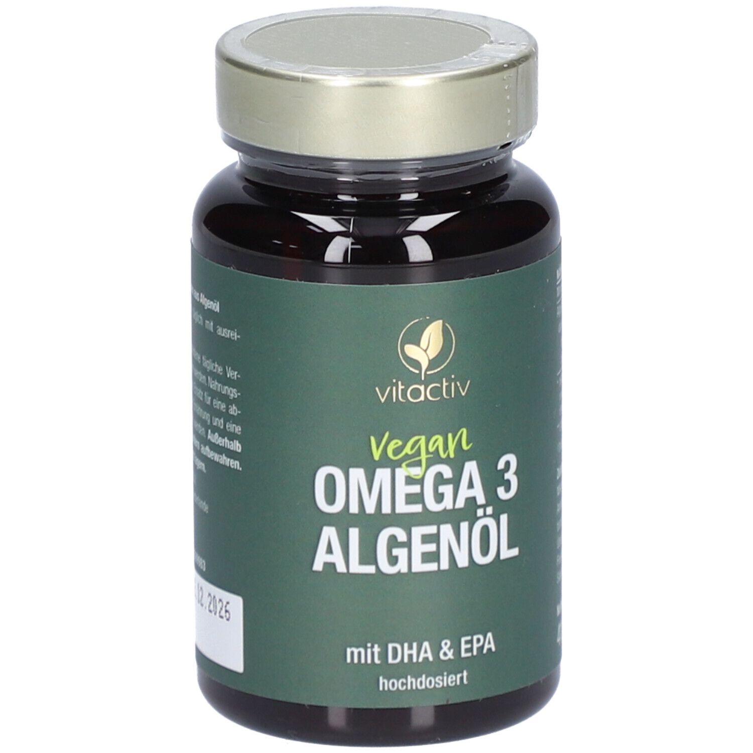 Braune Flasche mit grünem Etikett. Aufschrift: vitactiv Vegan Omega 3 Algenöl. Mit DHA & EPA.