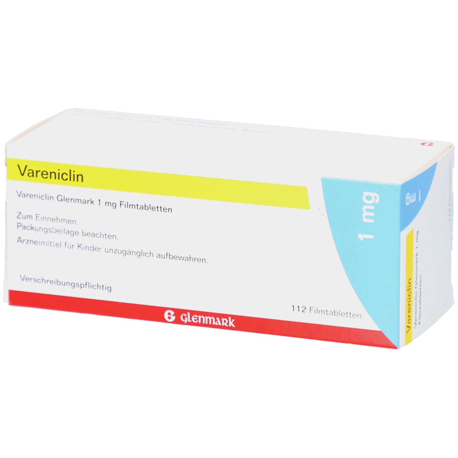 Schachtel mit Vareniclin Glenmark 1 mg Filmtabletten. Aufschrift: 1 mg, 112 Filmtabletten, Glenmark.