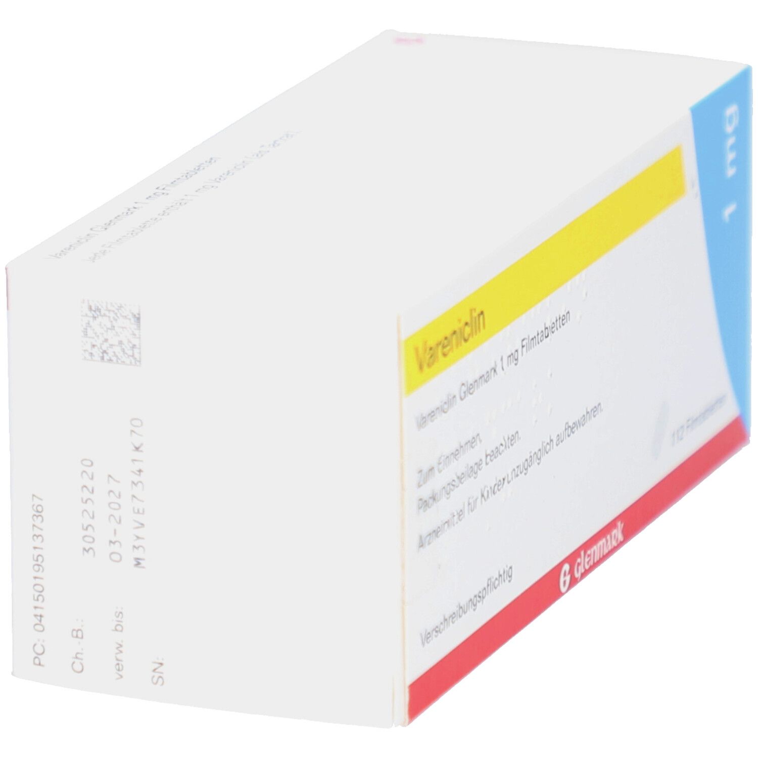 Schachtel mit Vareniclin Glenmark 1 mg Filmtabletten. Aufschrift: 1 mg, Glenmark. Rückseite mit Chargennummer und Verfallsdatum.