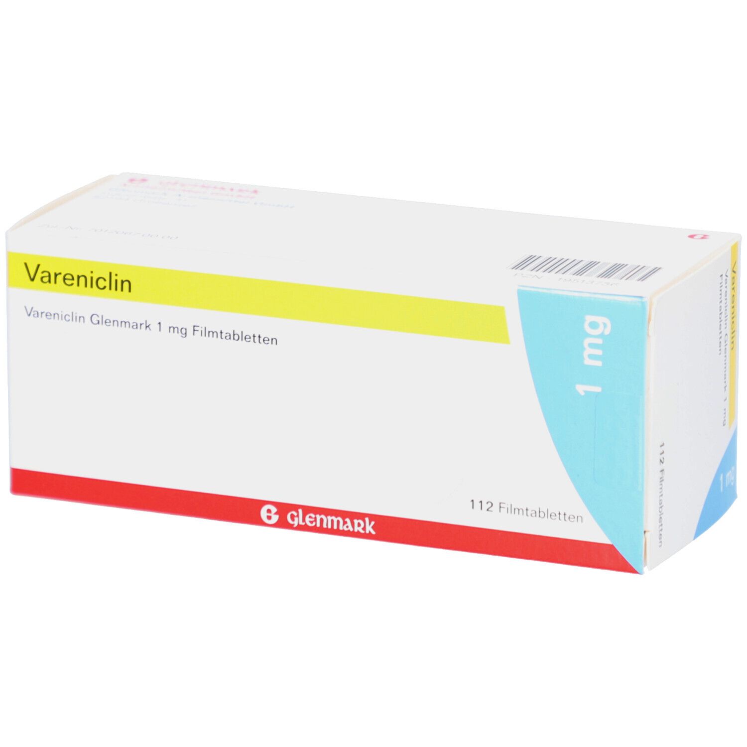 Schachtel mit Vareniclin Glenmark 1 mg Filmtabletten. Aufschrift: 1 mg, 112 Filmtabletten, Glenmark. Rote und gelbe Streifen.
