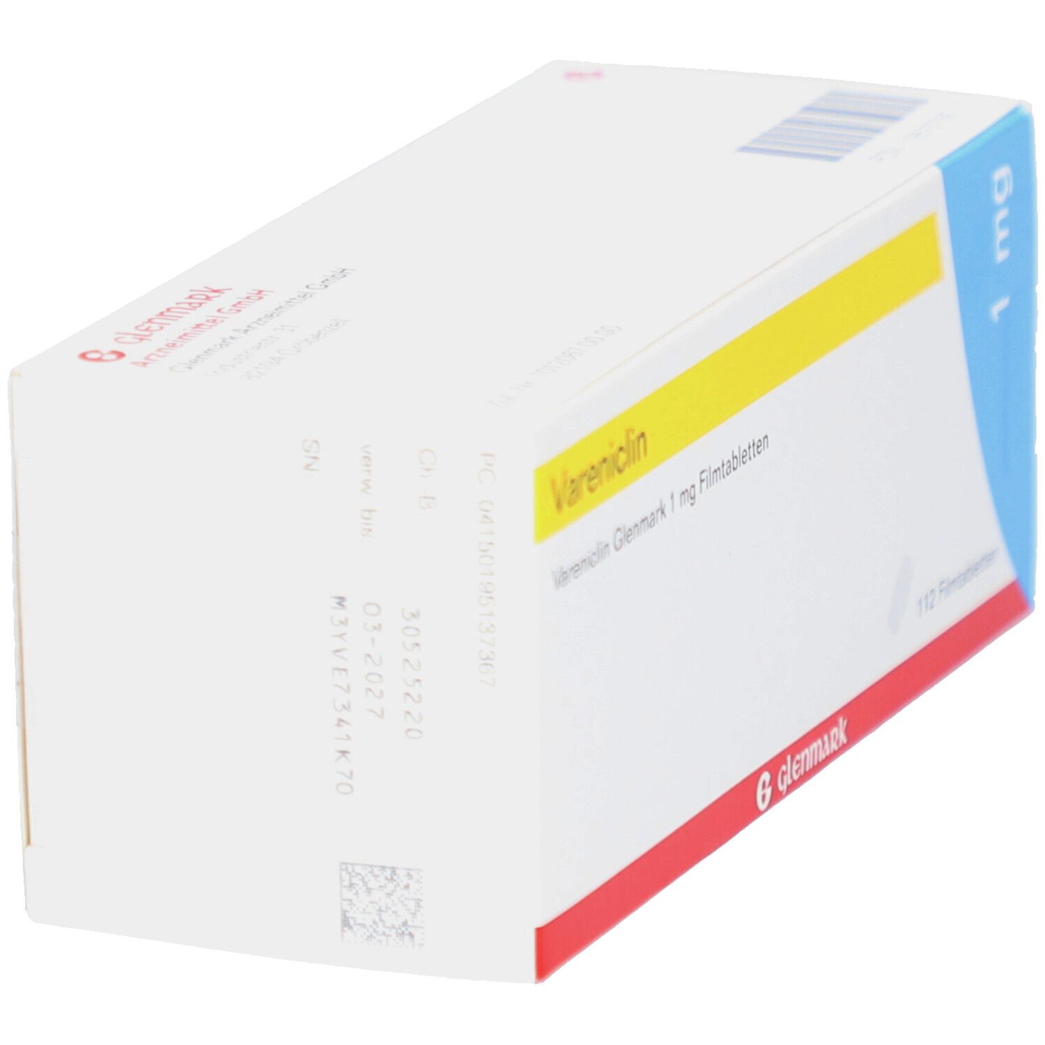 Schachtel mit Vareniclin Glenmark 1 mg Filmtabletten. Aufschrift: 1 mg, Glenmark. Rückseite mit Chargennummer und Verfallsdatum.