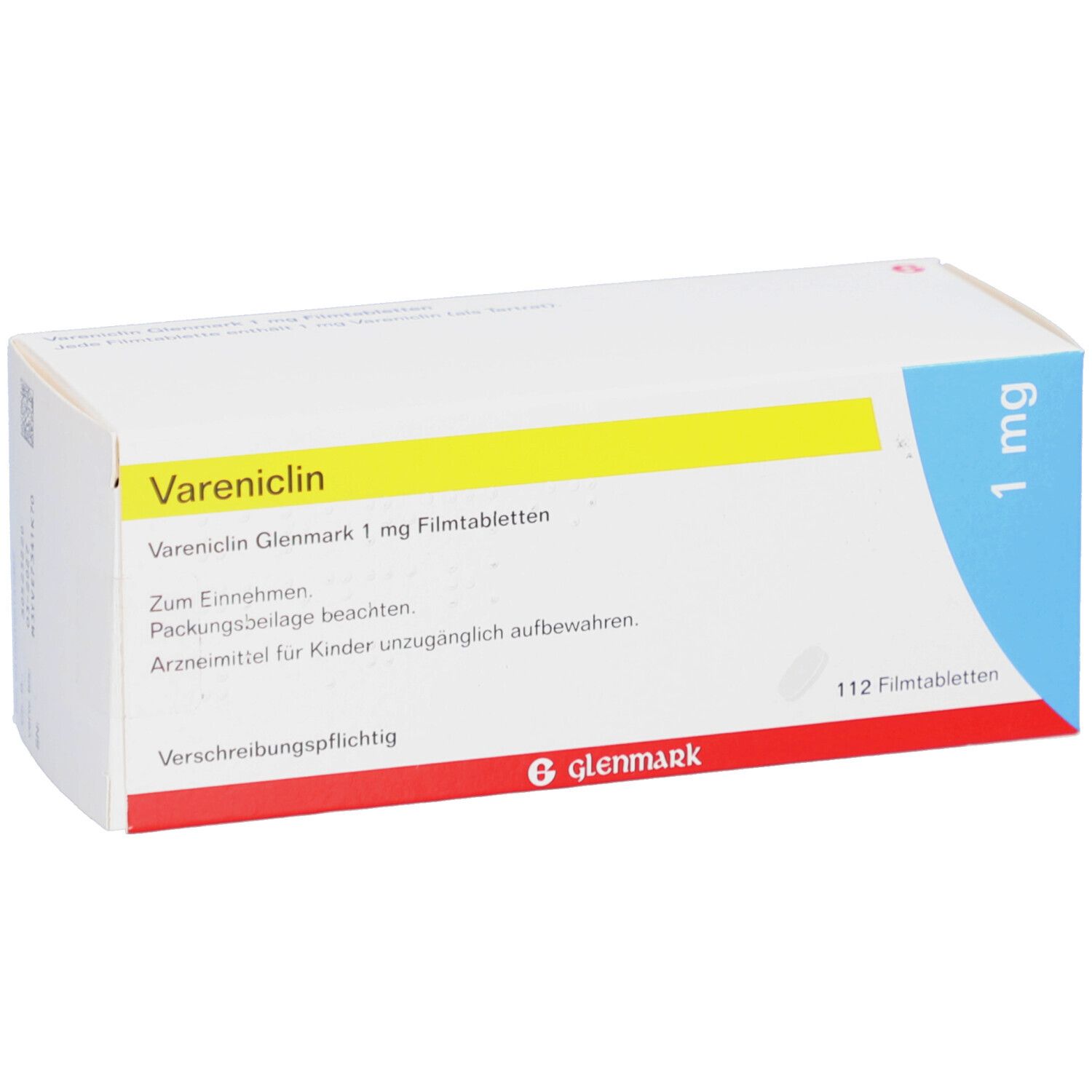 Schachtel mit Vareniclin Glenmark 1 mg Filmtabletten. Aufschrift: 1 mg, 112 Filmtabletten, Glenmark. Gelber und blauer Streifen.