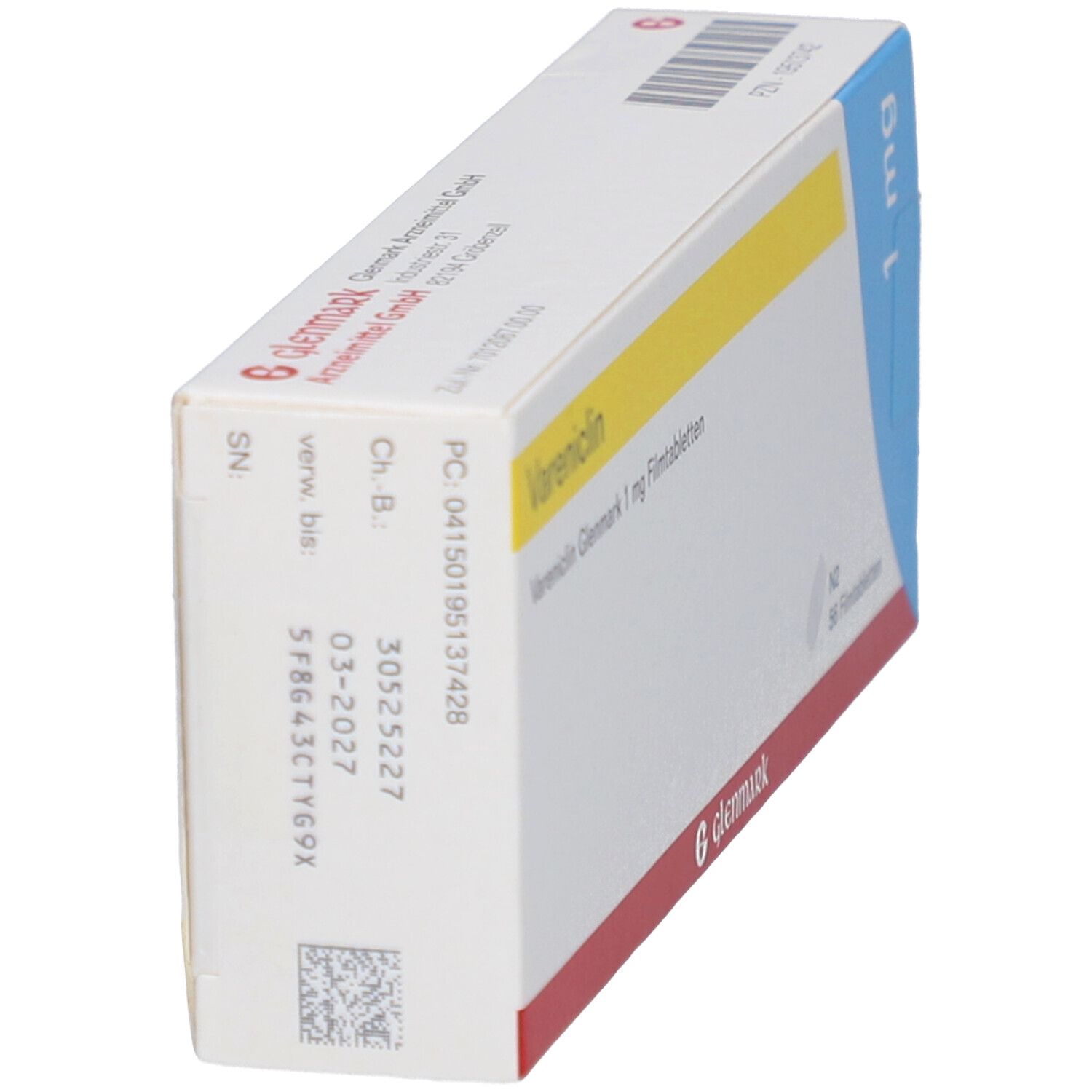 Schachtel Vareniclin Glenmark 1 mg Filmtabletten. Seitenansicht. Weiße Schachtel mit gelben und roten Streifen. 1 mg. Glenmark Logo.