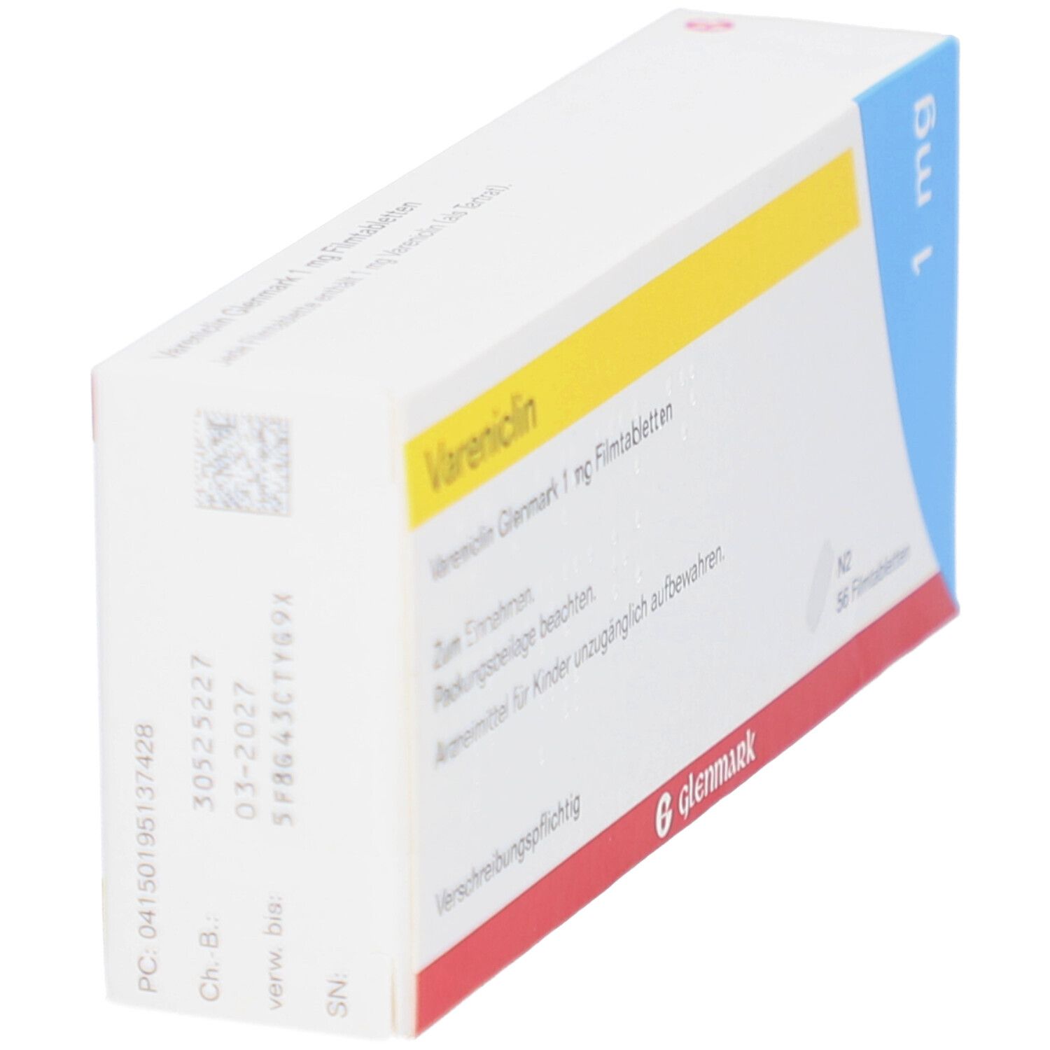 Schachtel Vareniclin Glenmark 1 mg Filmtabletten. Seitenansicht. Weiße Schachtel mit gelben und roten Streifen. 1 mg. Glenmark Logo.