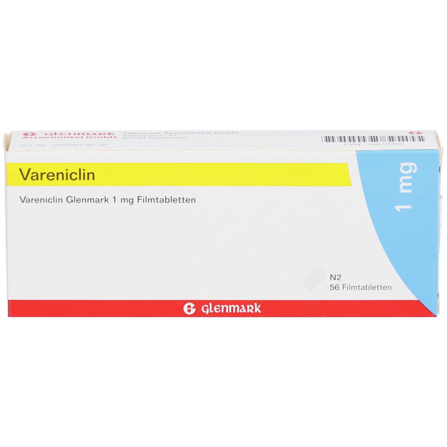 Schachtel Vareniclin Glenmark 1 mg Filmtabletten. Gelb, weiß, rot. 56 Filmtabletten. 1 mg. Glenmark Logo.