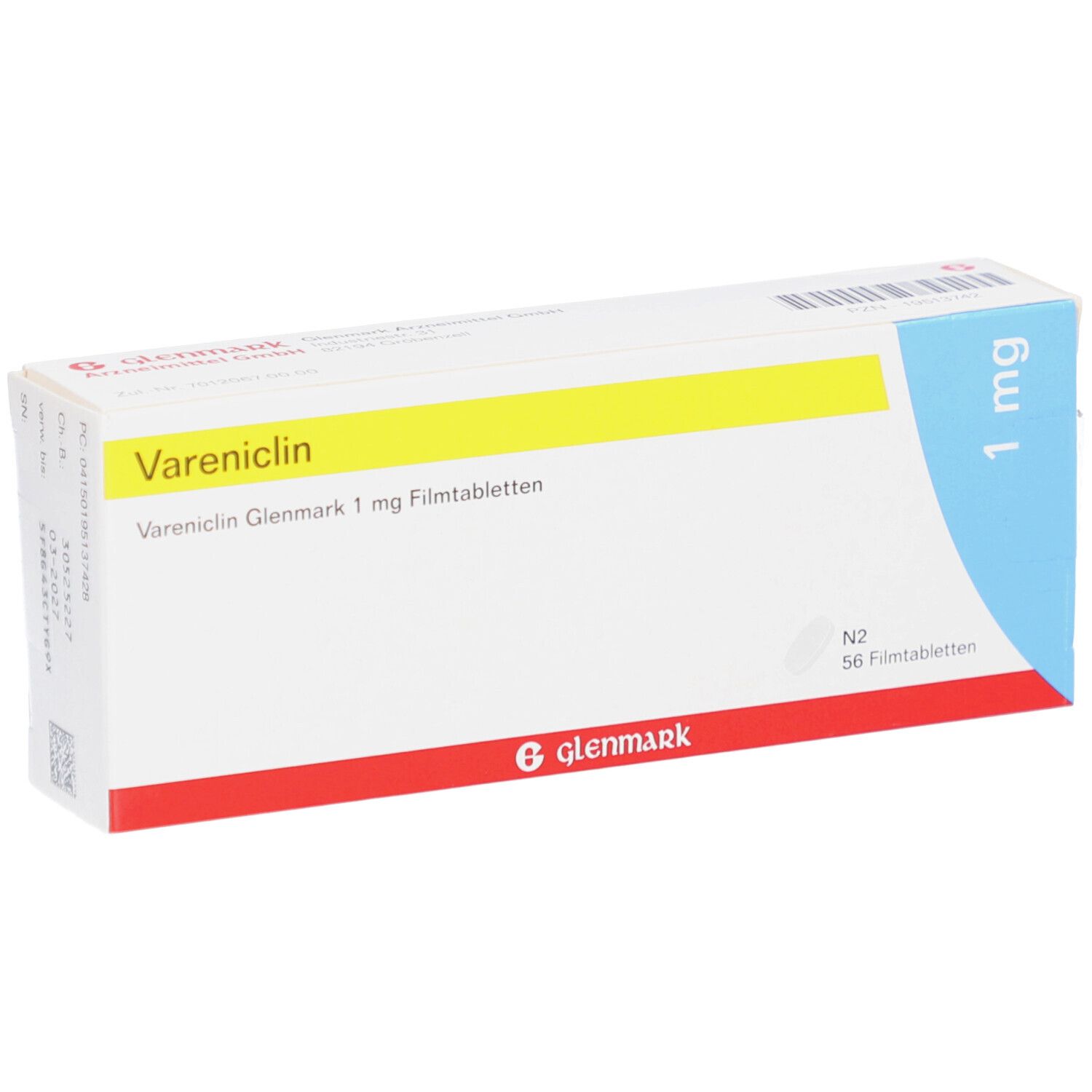 Schachtel Vareniclin Glenmark 1 mg Filmtabletten. Gelb, weiß, rot. 56 Filmtabletten. 1 mg. Glenmark Logo.