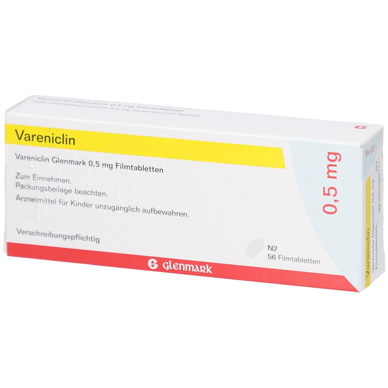 Schachtel mit Vareniclin Glenmark 0,5 mg Filmtabletten. Gelber Streifen, rote und weiße Schrift. 56 Tabletten.