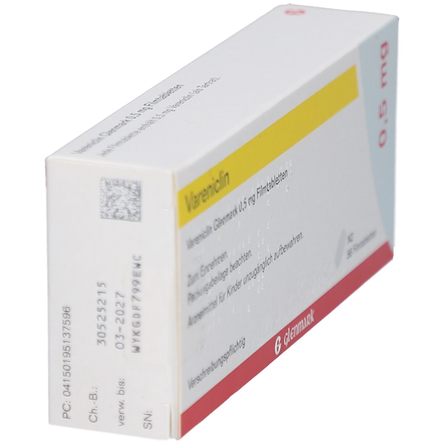 Schachtel Vareniclin Glenmark 0,5 mg Filmtabletten. Weiße Schachtel mit gelbem Streifen. Seitliche Angaben und QR-Code.