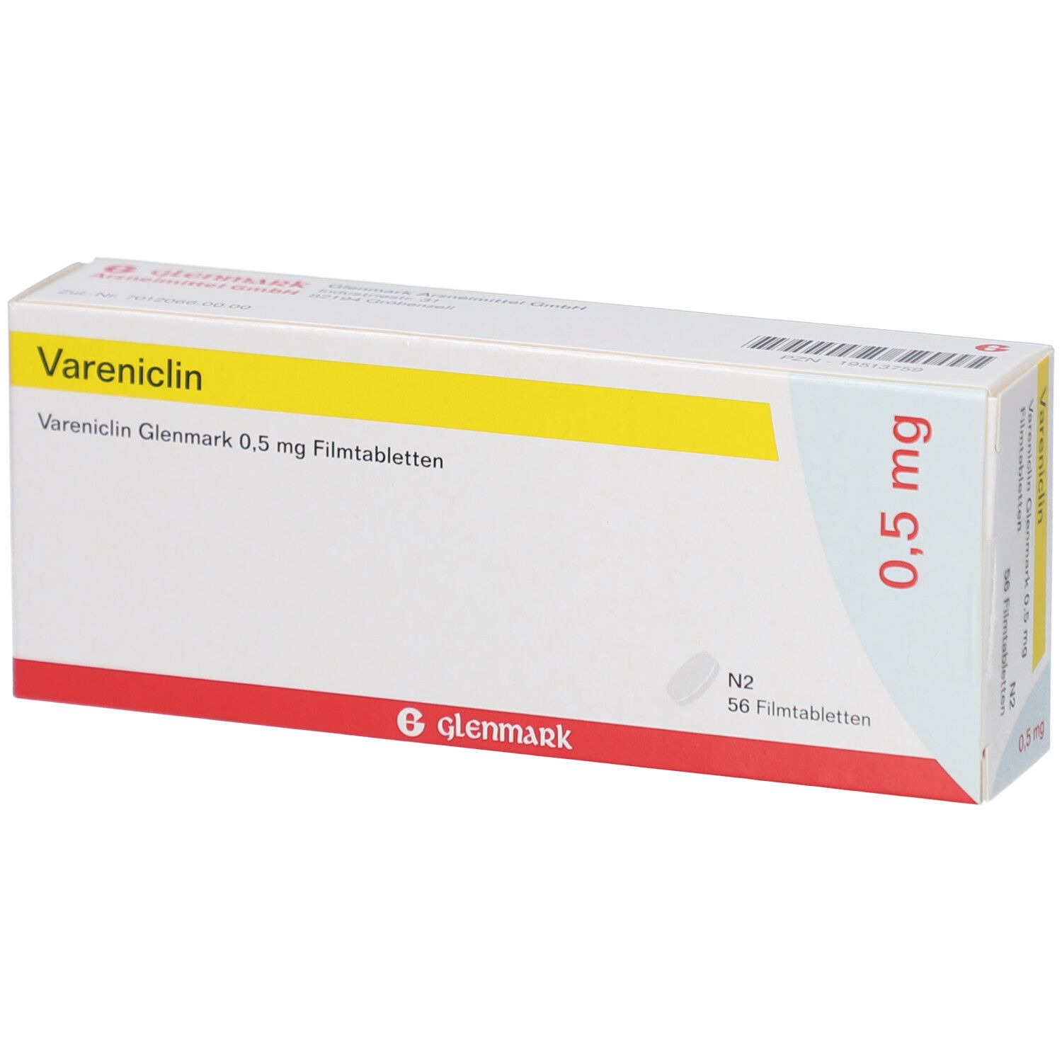 Schachtel mit Vareniclin Glenmark 0,5 mg Filmtabletten. Gelber Streifen, rote und weiße Schrift. 56 Tabletten.