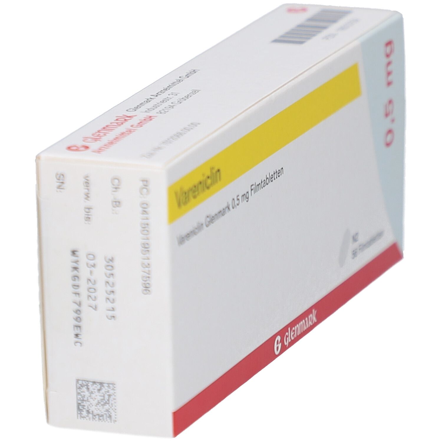 Schachtel Vareniclin Glenmark 0,5 mg Filmtabletten. Weiße Schachtel mit gelbem Streifen. Seitliche Angaben und QR-Code.