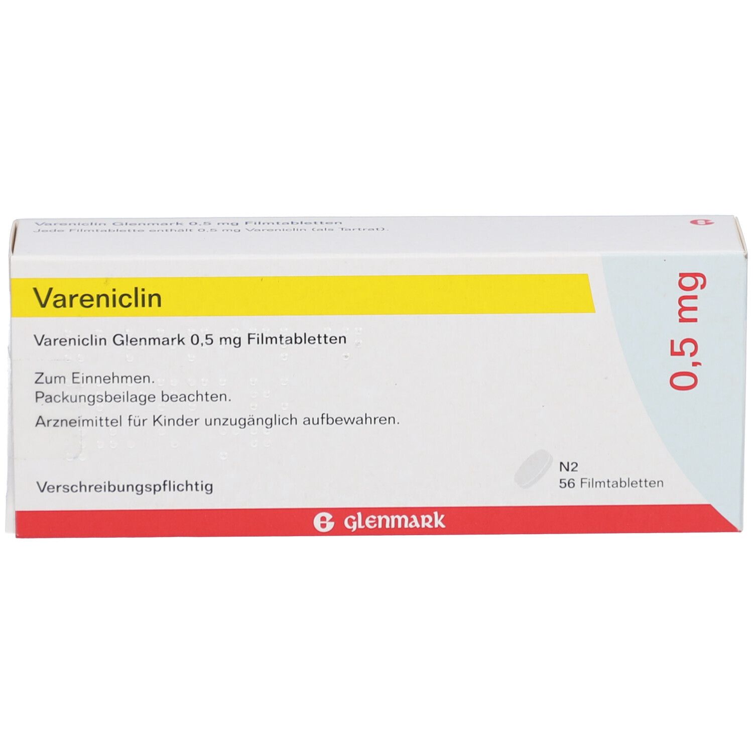 Schachtel mit Vareniclin Glenmark 0,5 mg Filmtabletten. Gelber Streifen, rote und weiße Schrift. 56 Tabletten.