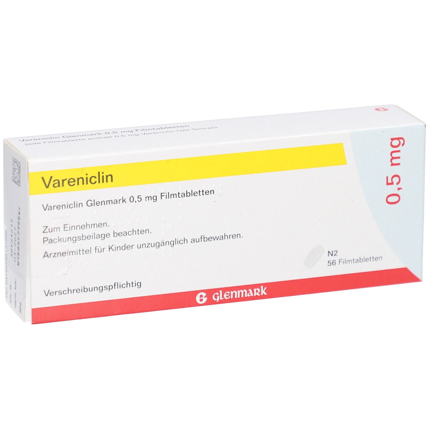 Schachtel mit Vareniclin Glenmark 0,5 mg Filmtabletten. Gelber Streifen, rote und weiße Schrift. 56 Tabletten.
