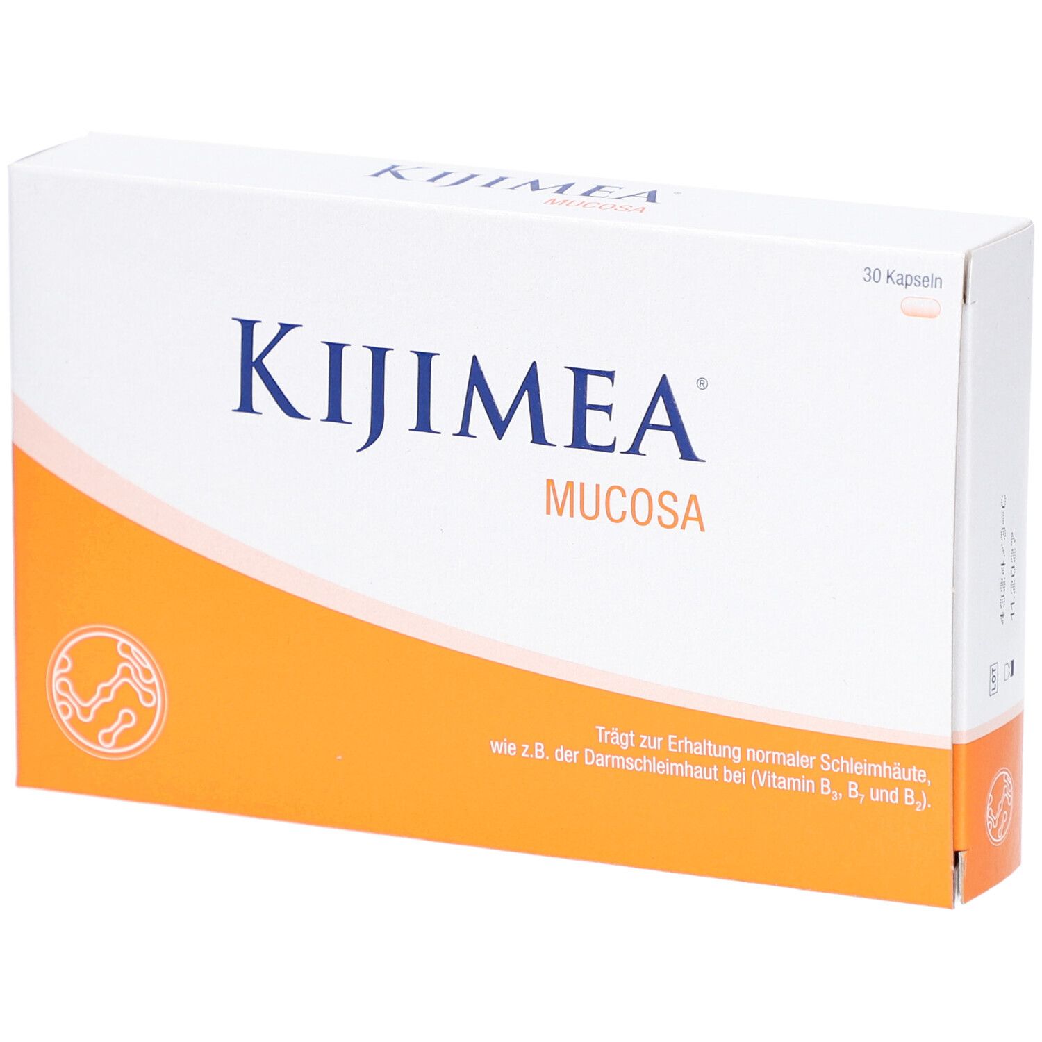 Weiße Schachtel mit orangefarbenem Akzent. Aufschrift: KIJIMEA Mucosa. 30 Kapseln. Text über die Erhaltung der Schleimhaut.
