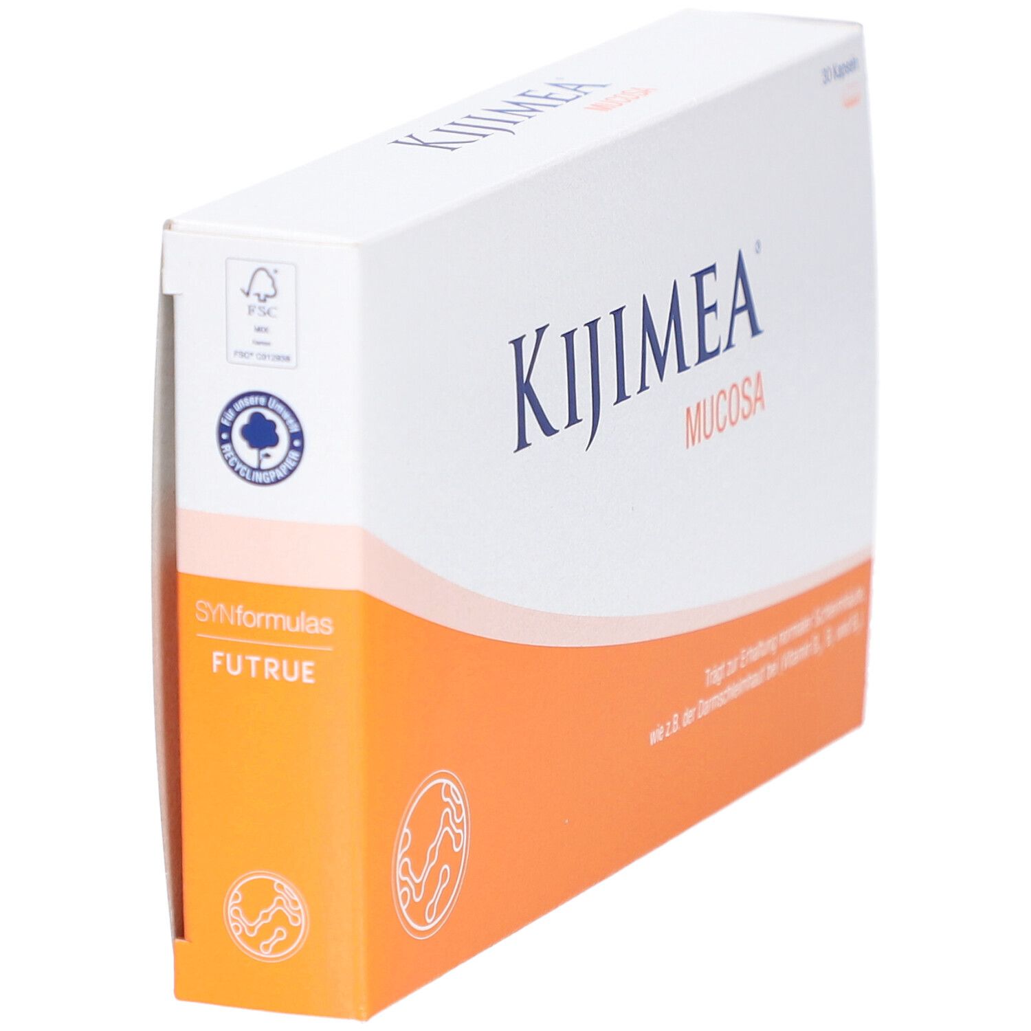 Schachtel mit KIJIMEA Mucosa, weiß mit orangefarbenem Akzent. FSC-Logo und Futrue-Logo. 30 Kapseln.