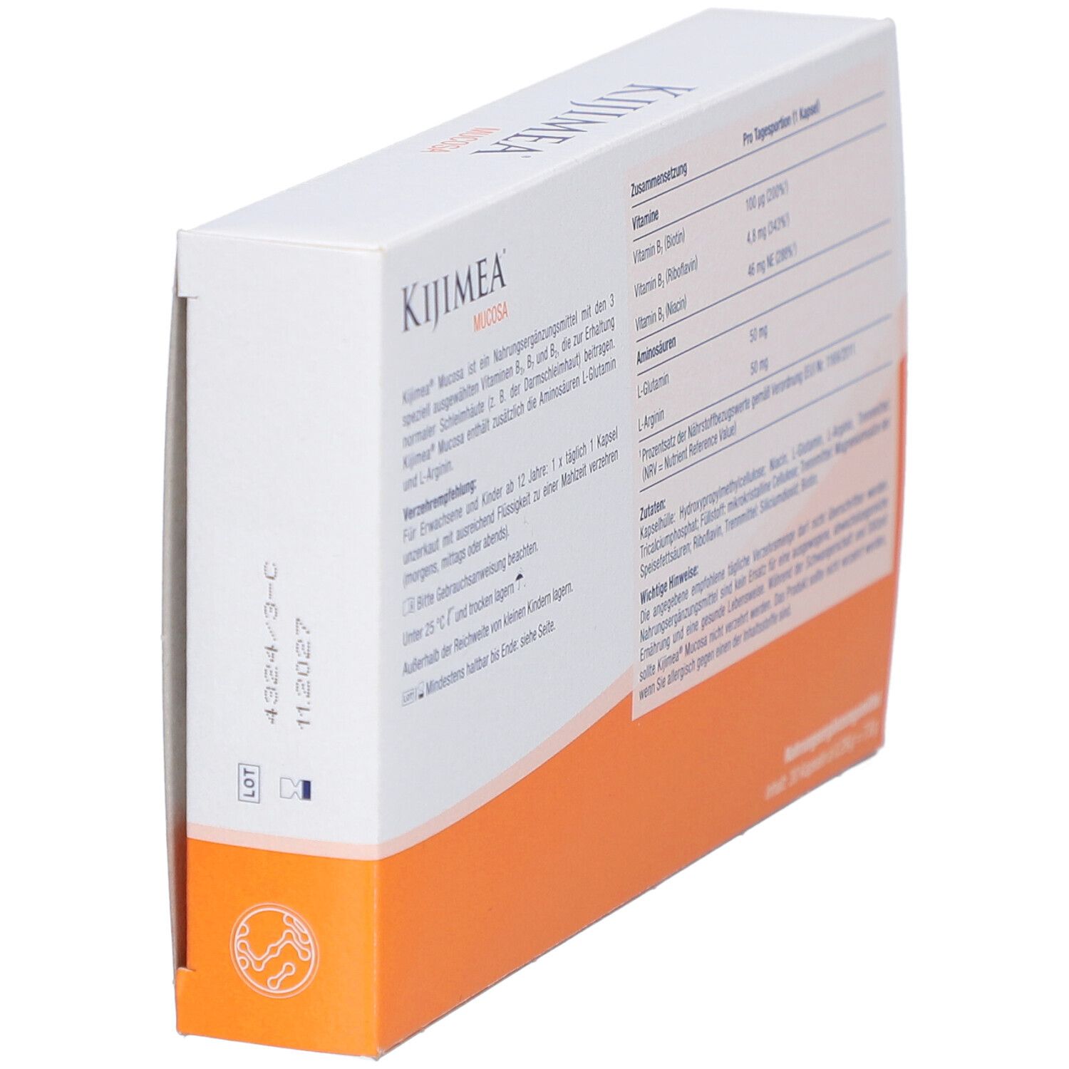 Seitenansicht der KIJIMEA Mucosa-Verpackung. Enthält Informationen zu Inhaltsstoffen und Nährwertangaben. 30 Kapseln.