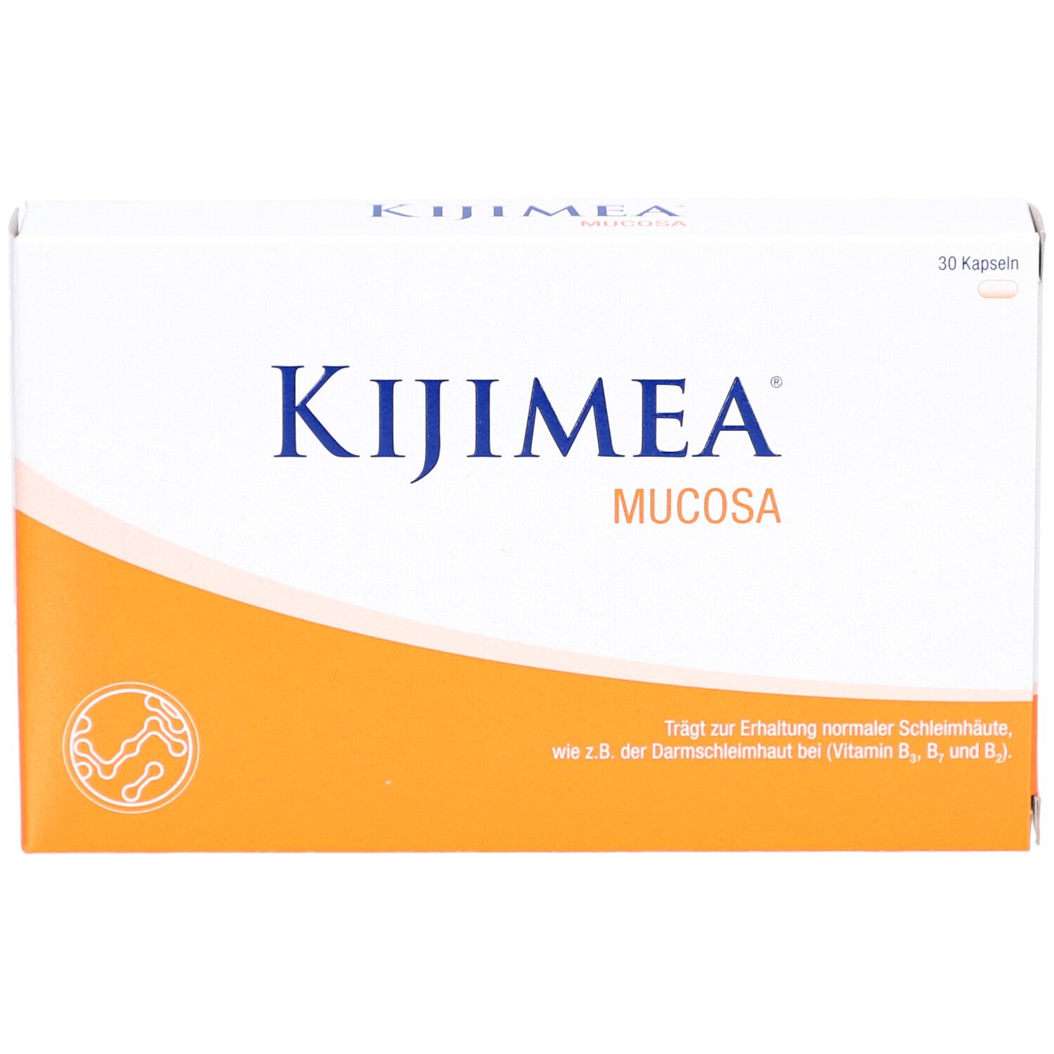 Weiße Schachtel mit orangefarbenem Akzent. Aufschrift: KIJIMEA Mucosa. 30 Kapseln. Text über die Erhaltung der Schleimhaut.