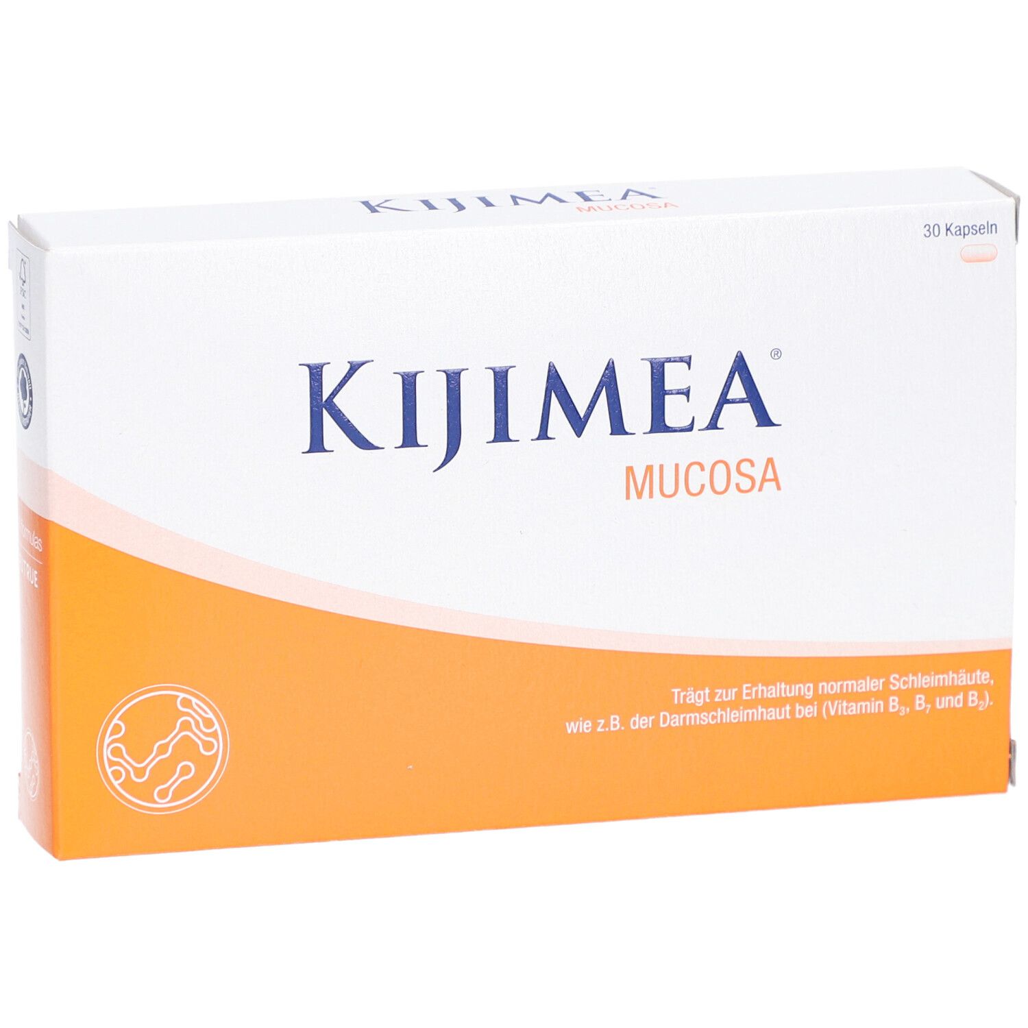 Weiße Schachtel mit orangefarbenem Akzent. Aufschrift: KIJIMEA Mucosa. 30 Kapseln. Text über die Erhaltung der Schleimhaut.