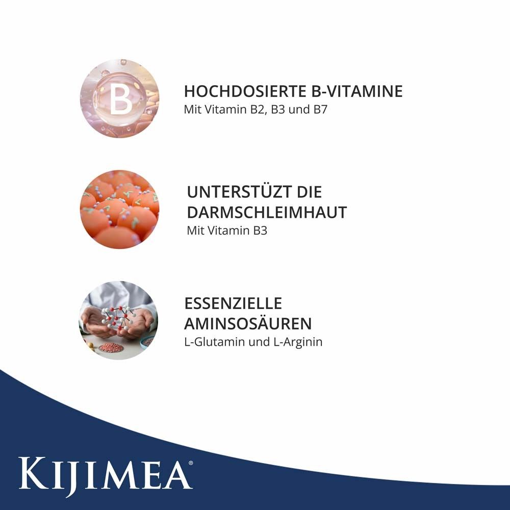 Grafik mit drei Kreisen und Texten: Hochdosierte B-Vitamine, Unterstützt die Darmschleimhaut, Essenzielle Aminosäuren. Kijimea Logo.