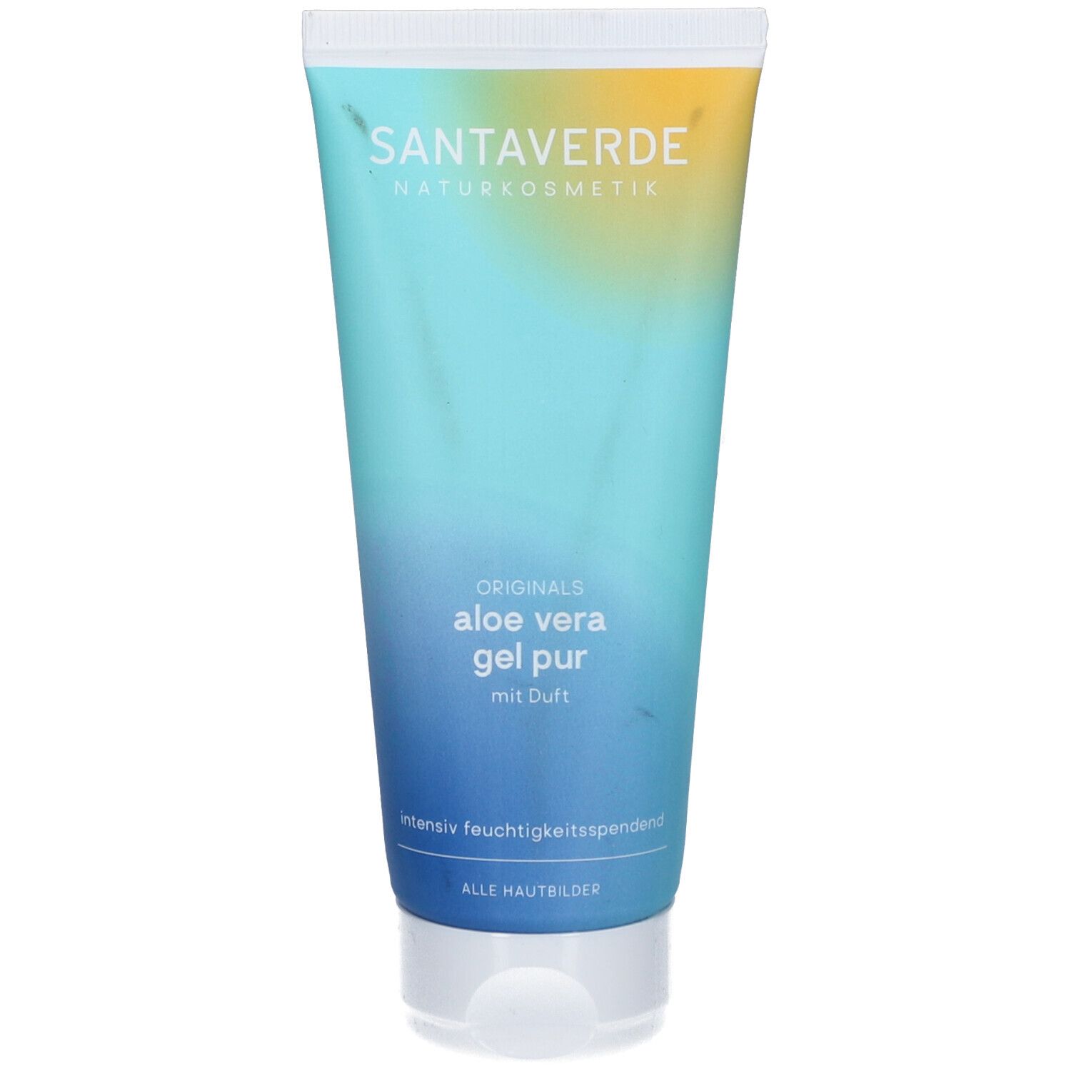 Tube mit SANTAVERDE Naturkosmetik ORIGINALS Aloe Vera Gel pur. Türkis-farbener Hintergrund, weißer Deckel. Text: Aloe Vera Gel pur mit Duft.