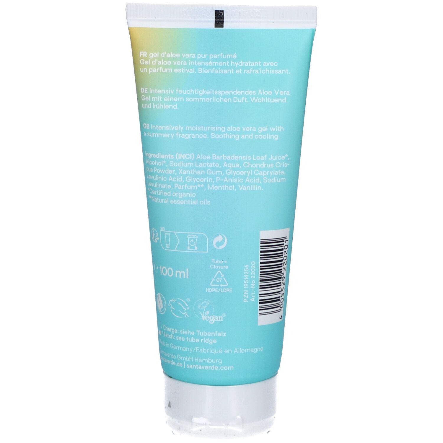 Rückseite der Tube mit Text. Türkis-farbener Hintergrund, weißer Deckel. Text: Aloe Vera Gel pur mit Duft, Inhaltsstoffe, 100 ml.